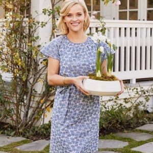 Draper James Embroidered Chambray Tie Waist Popover Dress